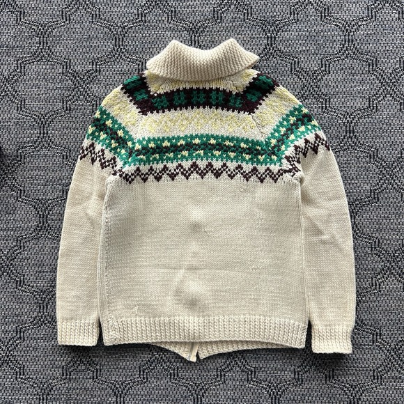 Vintage Cowichan Size Large Cream Wool Tribal Cowl Neck Sweater 60s - Picture 2 of 7